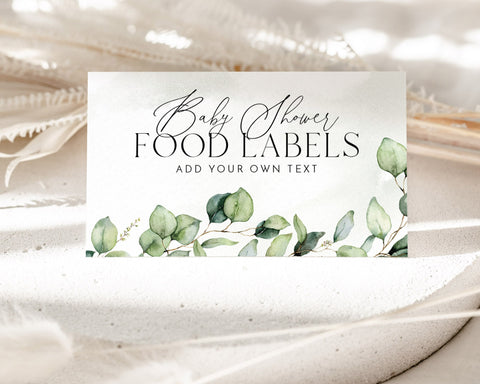 Baby Shower Food Labels, Greenery Food Label Card, Food Tent Card, Greenery Baby Shower Food Tags, Folded Food Cards, Tented Food Labels