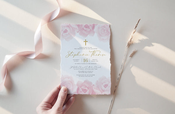 Christening Invitation Girl, Baptism Invitation Template, Pink Floral Christening Invite, Gold Printable Invitation, Baby Girl Invitation