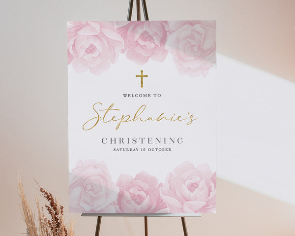 Printable Welcome Sign, Christening Welcome Sign, Baptism Welcome Sign, Pink Floral Welcome Sign, Pink Baptism Sign, Pink Flowers