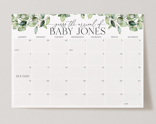 Baby Shower Due Date Calendar, Greenery Baby Birth Date Sign, Guess the Arrival Date Sign, Due Date Sign, Editable Printable Baby Shower