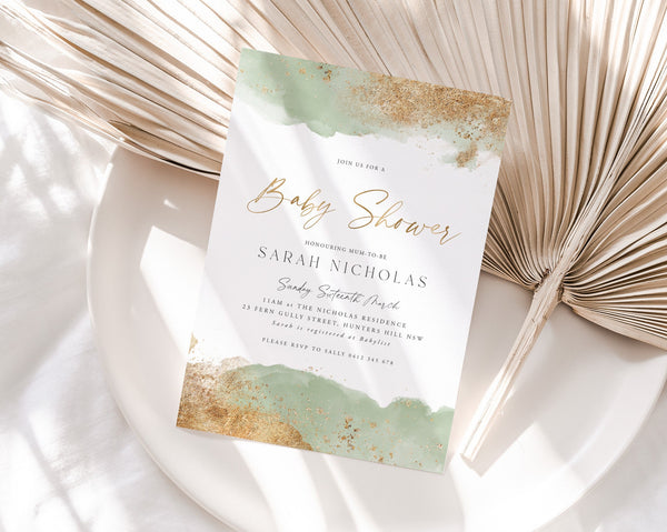 Green Baby Shower Invitation, Sage and Gold Baby Shower Invitation, Gender Neutral Baby Shower Invitation, Printable Template, Sage Baby