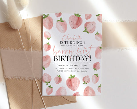 Berry First Birthday Invitation, Strawberry Birthday Invitation, Strawberry Birthday Evite, 1st Birthday Girl, Berry Sweet First Birthday