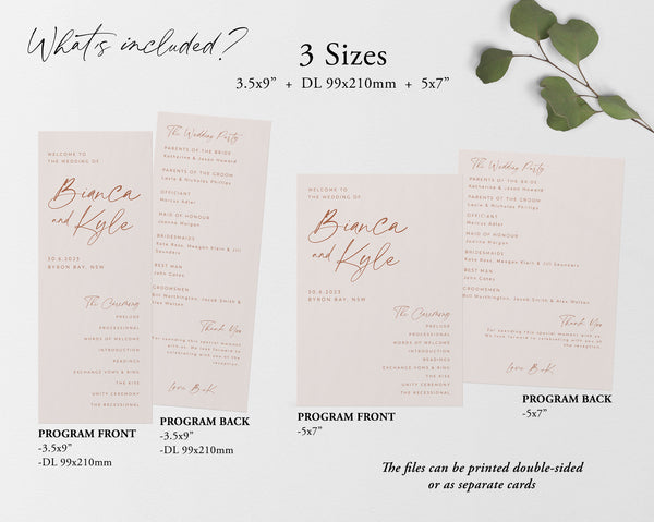 Modern Wedding Program Template, Editable Wedding Program, Order of Ceremony, Wedding Ceremony Program, Printable Minimal Program, Bianca