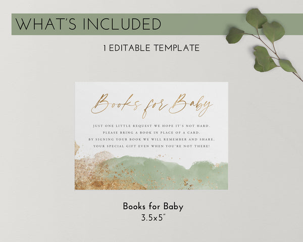 Green Gold Baby Shower Books For Baby, Printable Books For Baby Insert, Books Card, Sage Green Baby Shower, Sage Baby Shower Printables