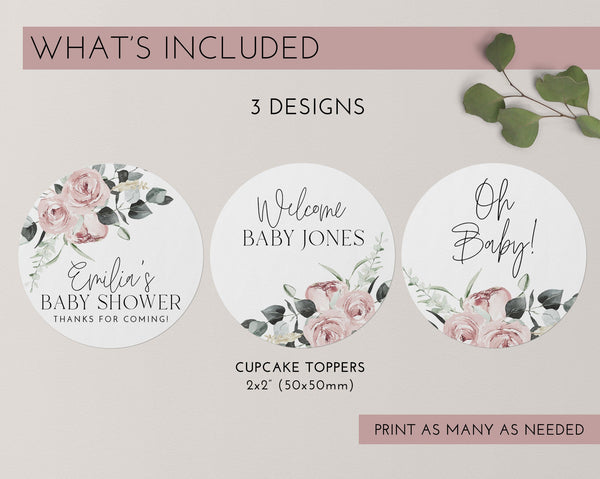 Floral Cupcake Toppers, Baby Shower Cupcake Toppers, Printable Floral Baby Shower Cupcake Topper, Editable Cupcake, Pink Flower Baby Shower