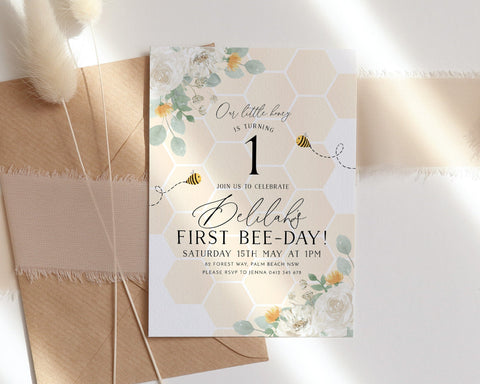 Bee Birthday Invitation, Bee 1st Birthday Invite, 1st Bee Day Invitation, Bumble Bee Birthday, Honey Bee Invitation, 1st Birthday Girl Bee