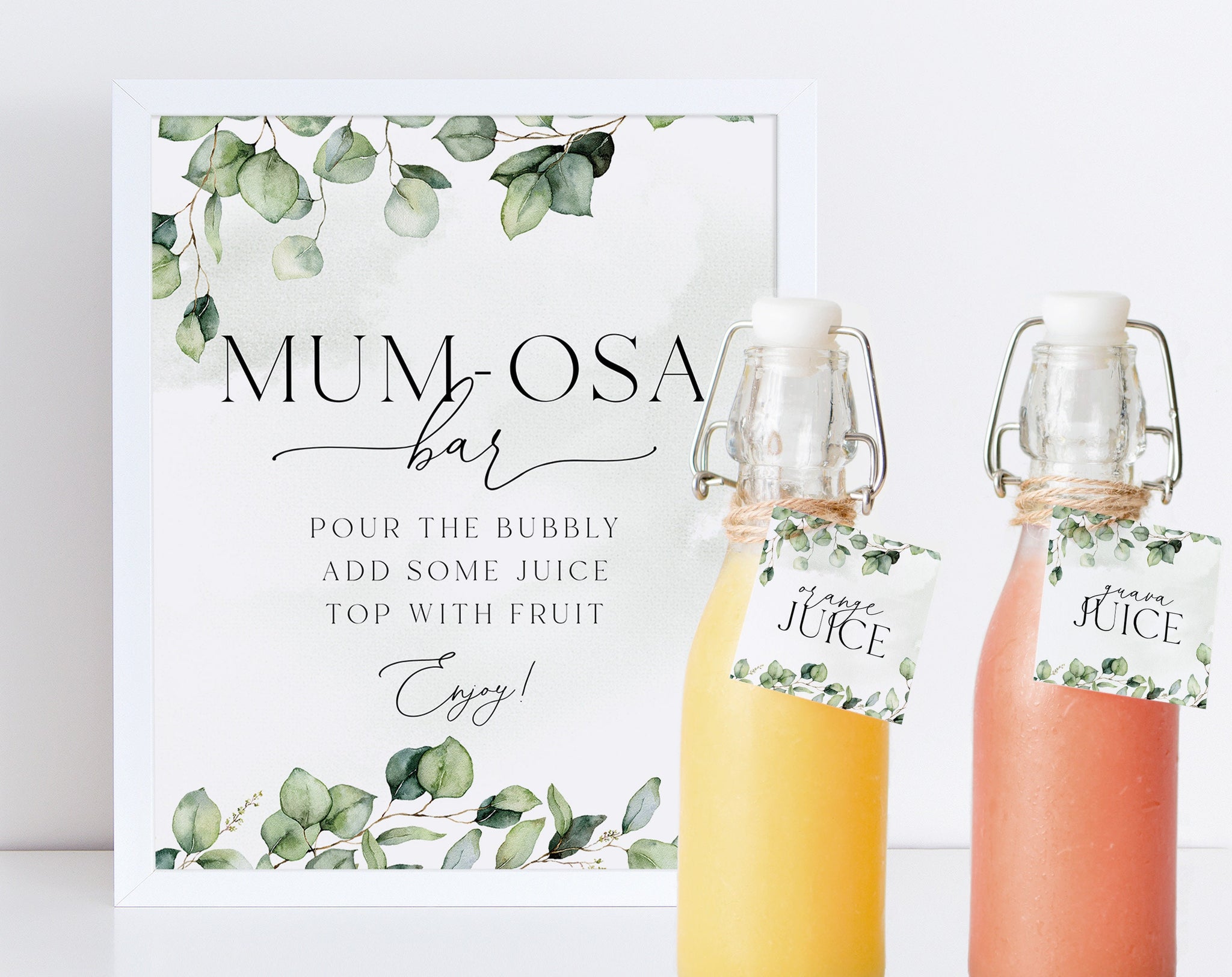 Mumosa Bar Sign, Momosa Bar Sign, Mimosa Bar Sign, Juice Labels, Mimosa Juice Tags, Baby Shower Sign, Greenery Baby Shower Mom-osa Sign