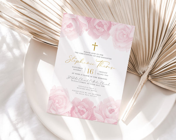 Christening Invitation Girl, Baptism Invitation Template, Pink Floral Christening Invite, Gold Printable Invitation, Baby Girl Invitation
