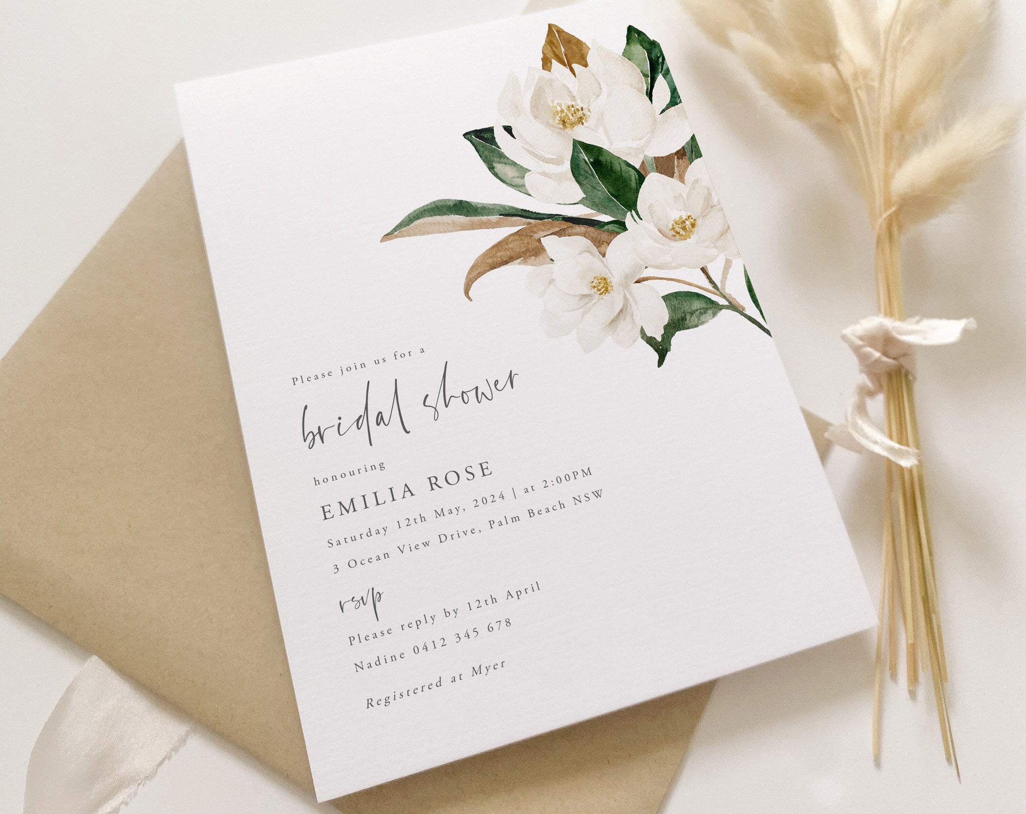Bridal Shower Invitation, Floral Invitation Template, Kitchen Tea Invitation, Magnolia Invitation, White Magnolia Flowers, Printable Invite