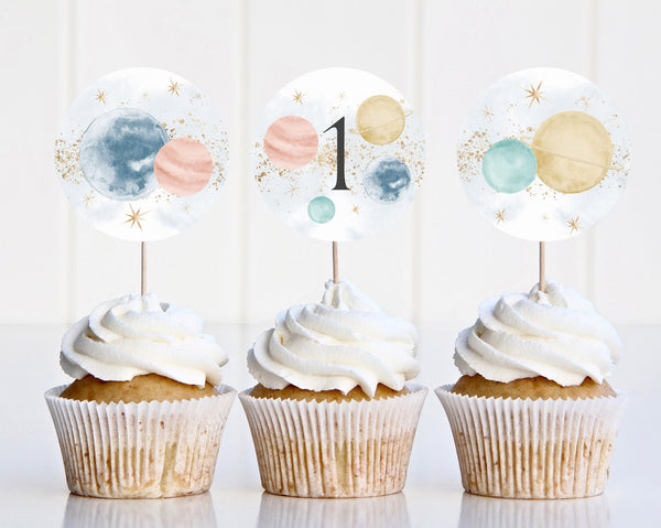 Space Cupcake Toppers, Printable Cupcake Topper, First Trip Around The Sun Cupcake Topper, 1st Birthday Editable Planet Cupcake Toppers