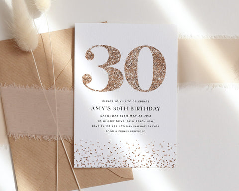 30th Birthday Invitation, Pink Invitation Template, Rose Gold Glitter, 30, Thirty, Editable 30th Birthday Party, Pink Rose Gold Invite