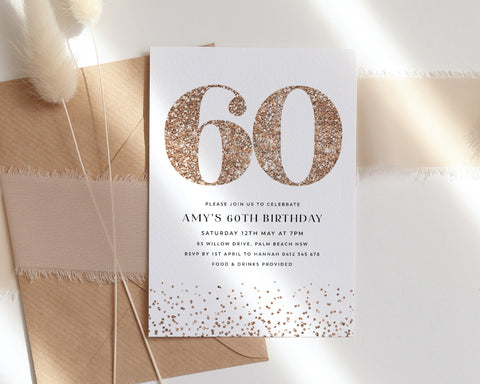 60th Birthday Invitation, 60th Party Template, Rose Gold Glitter, Editable Party Template, Glitter, 60, Sixty, 60th Birthday Invite