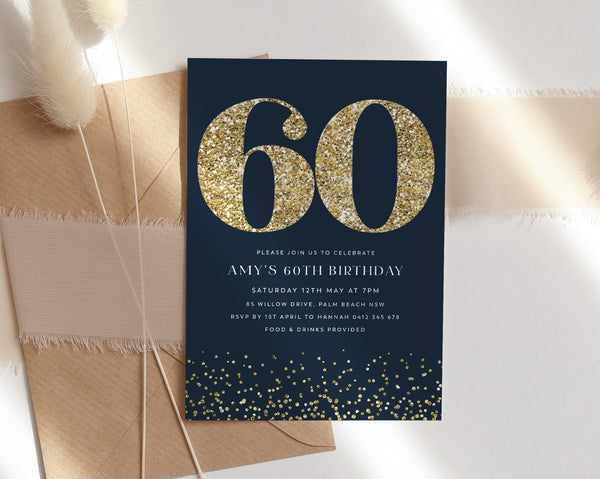 60th Birthday Invitation, Pink Gold Invitation Template, Gold Glitter, Editable Invite, 60, Sixty, Pink 60th Birthday Invite, Blush Gold