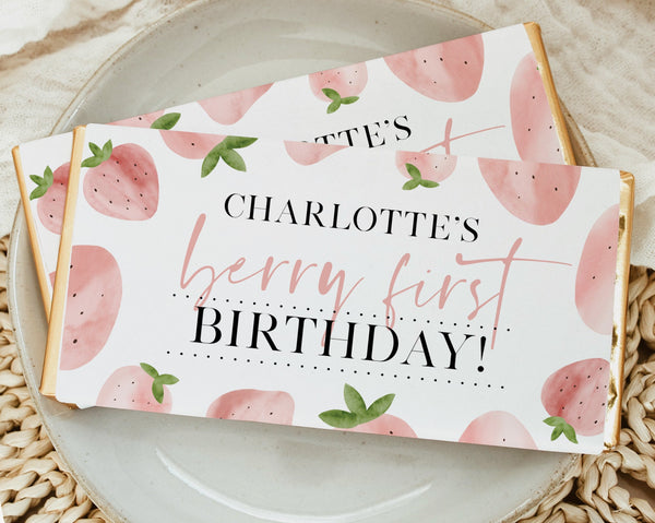Strawberry Chocolate Bar Wrapper Template, Printable Candy Bar Wrapper, 1st Birthday Candy Bar Wrapper, Birthday Favors Berry First Birthday