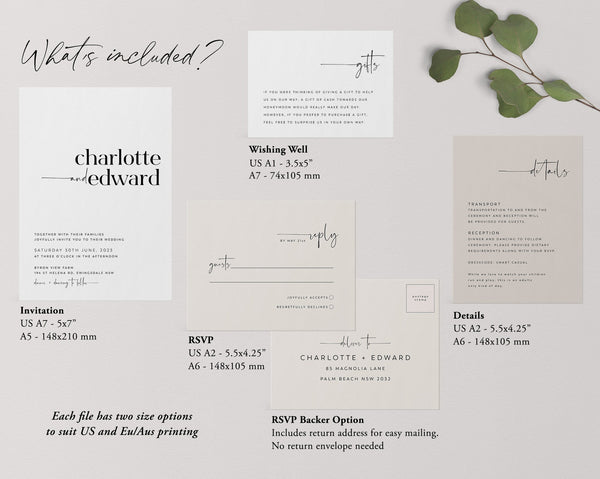 Minimalist Wedding Invitation Set, Simple Elegant Wedding Invitation Template, Printable Wedding Suite, Editable Wedding Invite, Charlotte