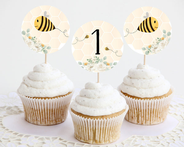 Bee Cupcake Toppers, Printable Cupcake Topper, 1st Bee Day Cupcake Toppers, 1st Birthday Editable Cupcake Toppers, Bee First Birthday Girl