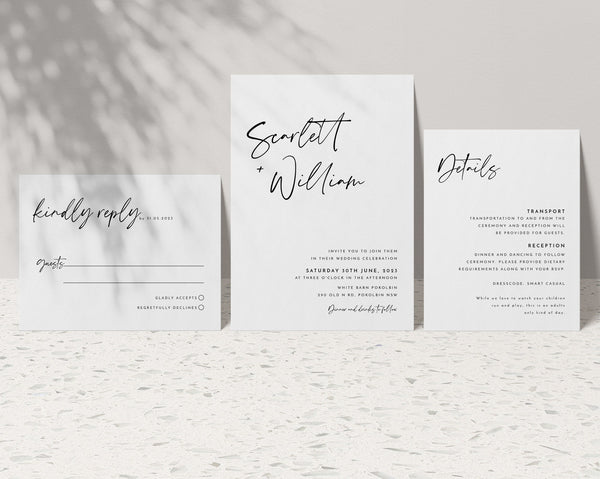 Minimalist Wedding Invitation Template Set, Wedding Invitation Template Download, Editable Modern Wedding Invite, Instant Download, Scarlett