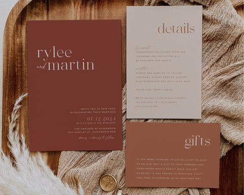 Modern Minimal Wedding Invitation Template Set, Printable Rust Wedding Invitation, Editable Terracotta Wedding Template, Rylee