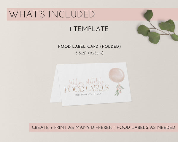 ONEderful Food Labels, Balloon Food Label Card, Food Tent Card, Birthday Food Tags, Folded Food Cards, Tented Food Labels, Pink Balloons