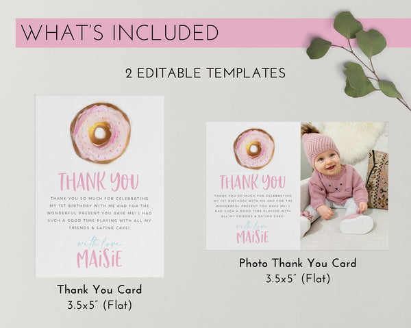 Donut Thank You Card Template, Printable Thank You Card, Birthday Thank You Card Editable Template, Donut First Birthday Thank You Card Pink