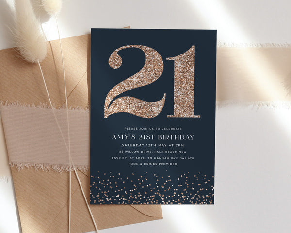 21st Birthday Invitation, Birthday Invitation Template, Rose Gold Glitter, Editable Template, Glitter, 21, Twenty One, 21st Birthday Invite