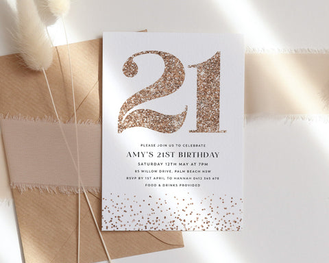 21st Birthday Invitation, Birthday Invitation Template, Rose Gold Glitter, Editable Template, Glitter, 21, Twenty One, 21st Birthday Invite