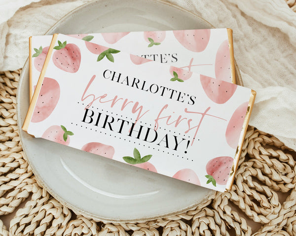 Strawberry Chocolate Bar Wrapper Template, Printable Candy Bar Wrapper, 1st Birthday Candy Bar Wrapper, Birthday Favors Berry First Birthday