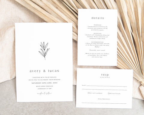 Botanical Minimalist Wedding Invitation Template Set, Wedding Invitation Template Download, Editable Invitation Set, Simple Invite, Avery
