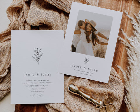 Botanical Minimalist Wedding Invitation Template, Invitation with Photo, Minimal Wedding Invite, Wedding Invitation Download, Modern, Avery