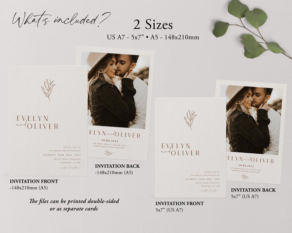 Botanical Minimalist Wedding Invitation Template, Invitation with Photo, Minimal Wedding Invite, Wedding Invitation Download, Modern, Evelyn
