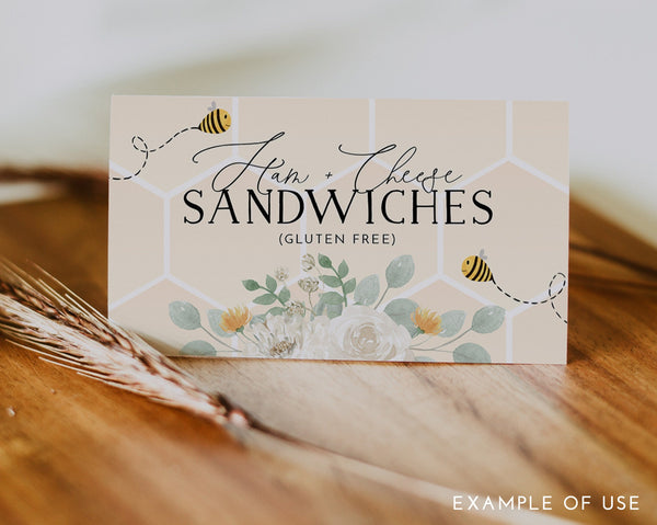 Bee Food Labels, First Bee Day Food Label Card, Food Tent Card, Birthday Food Tags, Folded Food Cards, Tented Food Labels, Bee Food Cards