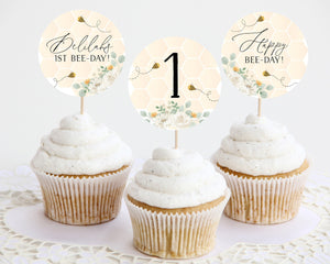 Bee Cupcake Toppers, Printable Cupcake Topper, 1st Bee Day Cupcake Toppers, 1st Birthday Editable Cupcake Toppers, Bee First Birthday Girl