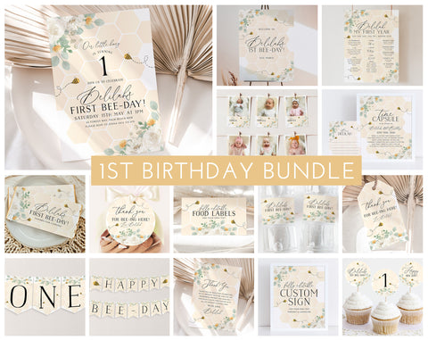First Bee Day Invitation Bundle, 1st Birthday Invitation Template, 1st Birthday Girl, Bee First Birthday Decorations, Bee Theme 1st Birthday