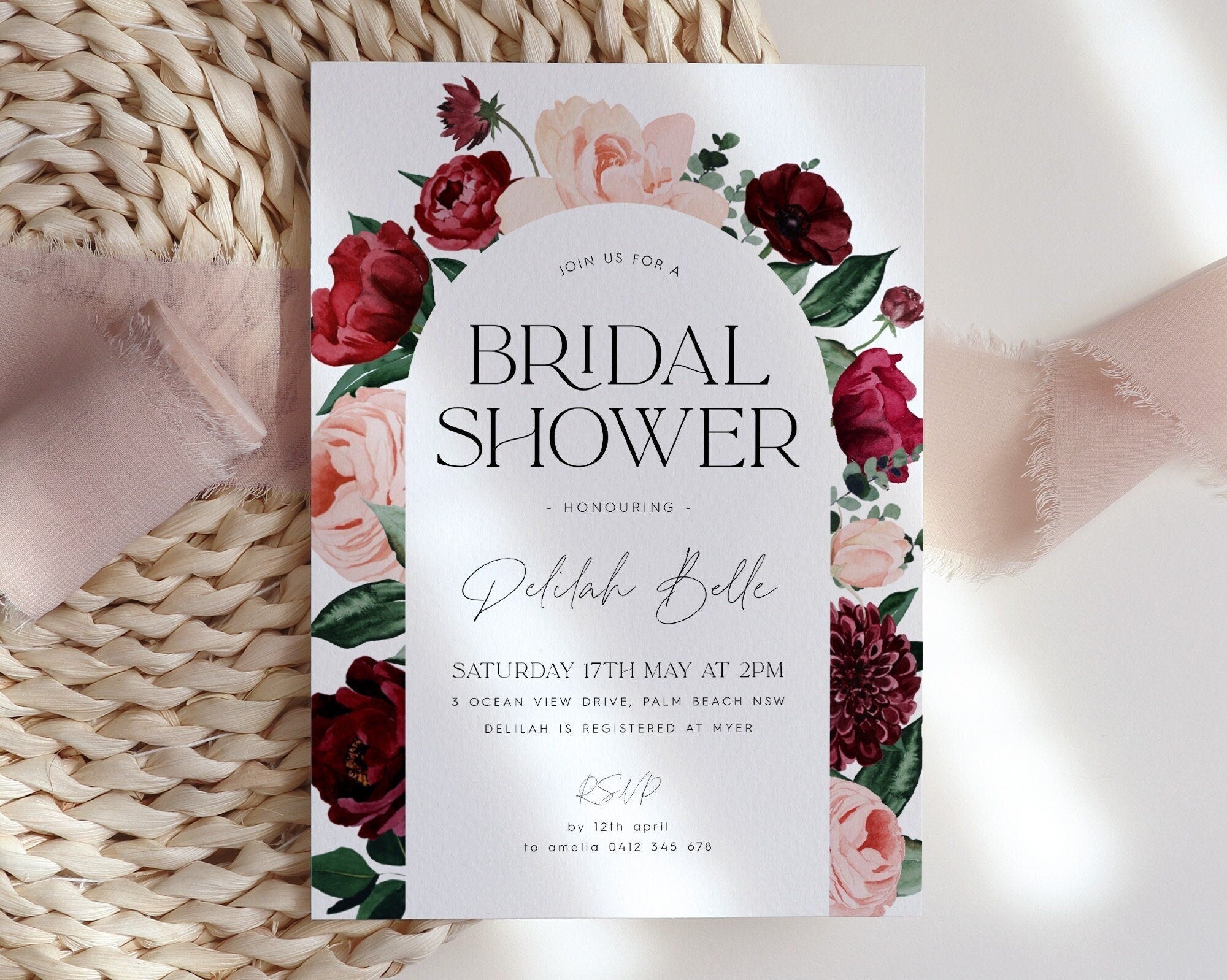 Arch Bridal Shower Invitation, Burgundy Blush Bridal Shower Invitation, Floral Kitchen Tea Invitation Template, Flower Bridal Brunch Invite