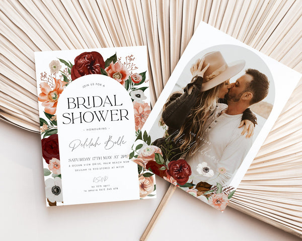 Fall Bridal Shower Invitation, Marsala Flowers, Burgundy Bridal Shower Invitation, Floral Kitchen Tea Invitation Template, Bridal Brunch