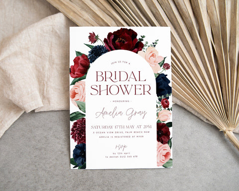 Arch Bridal Shower Invitation, Burgundy Navy Bridal Shower Invitation, Floral Kitchen Tea Invitation Template, Flower Bridal Brunch Invite
