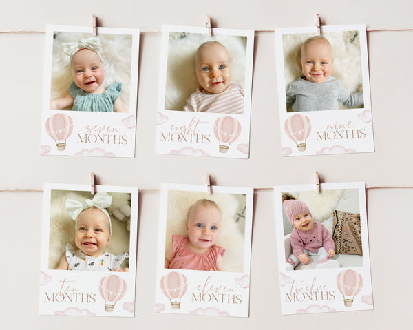 First Year Photos, 1st Birthday Milestone Photos, Baby's First Year Month Photo Banner, Pink Hot Air Balloon ONEderful Photo Banner Girl