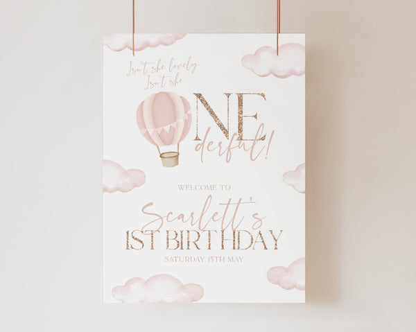 1st Birthday Welcome Sign, ONEderful 1st Birthday Welcome Sign, Hot Air Balloon, 1st Birthday Sign, Onederful Birthday Welcome Sign Pink