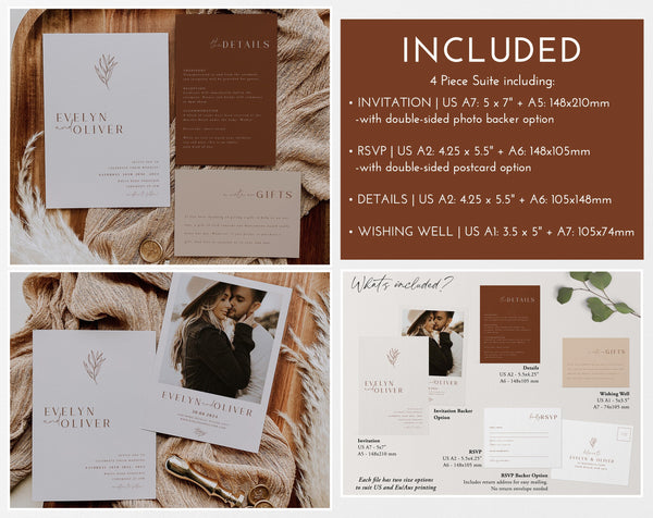 Wedding Invitation Set Bundle, Minimalist Wedding Invitation Template, Wedding Suite Printable Invitation, Boho Rustic, Editable , Evelyn