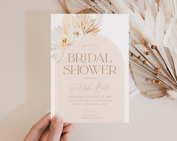 Boho Arch Bridal Shower Invitation, Boho Invitation Template, Pampas Grass Invite, Fan Palms, Dried Flowers, Arch Invitation Boho Flowers