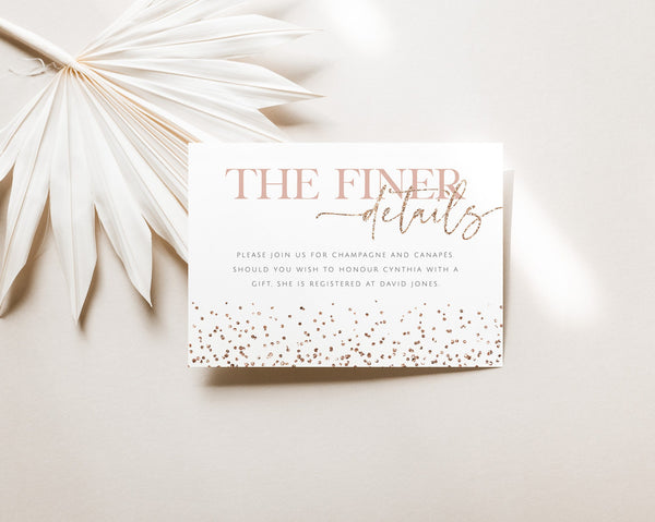 Bridal Shower Details Card, Rose Gold Pink Details Card, Editable Details Card, Printable Details, Rose Gold Glitter Bridal Shower Details