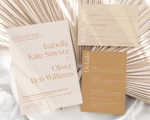 Minimalist Wedding Invitation Template Set, Bold Wedding Invitation Template Download, Editable Modern Wedding Invite, Neutral, Isabella