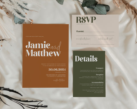 Minimalist Wedding Invitation Template Set, Bold Wedding Invitation Template Download, Editable Modern Wedding Invite, Terracotta, Jamie