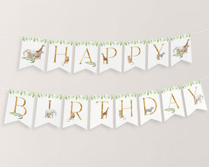 Happy Birthday Banner Printable, Happy 1st Birthday Banner, First Birthday Decor, Wild One Birthday, Safari Happy Birthday Banner Editable