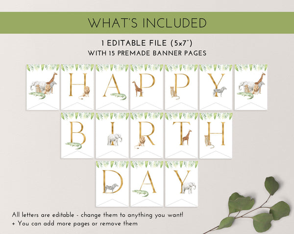 Happy Birthday Banner Printable, Happy 1st Birthday Banner, First Birthday Decor, Wild One Birthday, Safari Happy Birthday Banner Editable