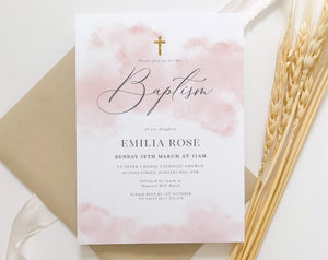 Baptism Invitation Girl, Christening Invitation Template, Pink Watercolour, Blush Pink Gold, Printable Invitation, Editable Pink Christening