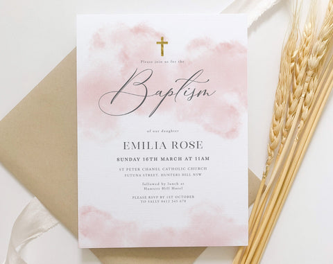 Baptism Invitation Girl, Christening Invitation Template, Pink Watercolour, Blush Pink Gold, Printable Invitation, Editable Pink Christening
