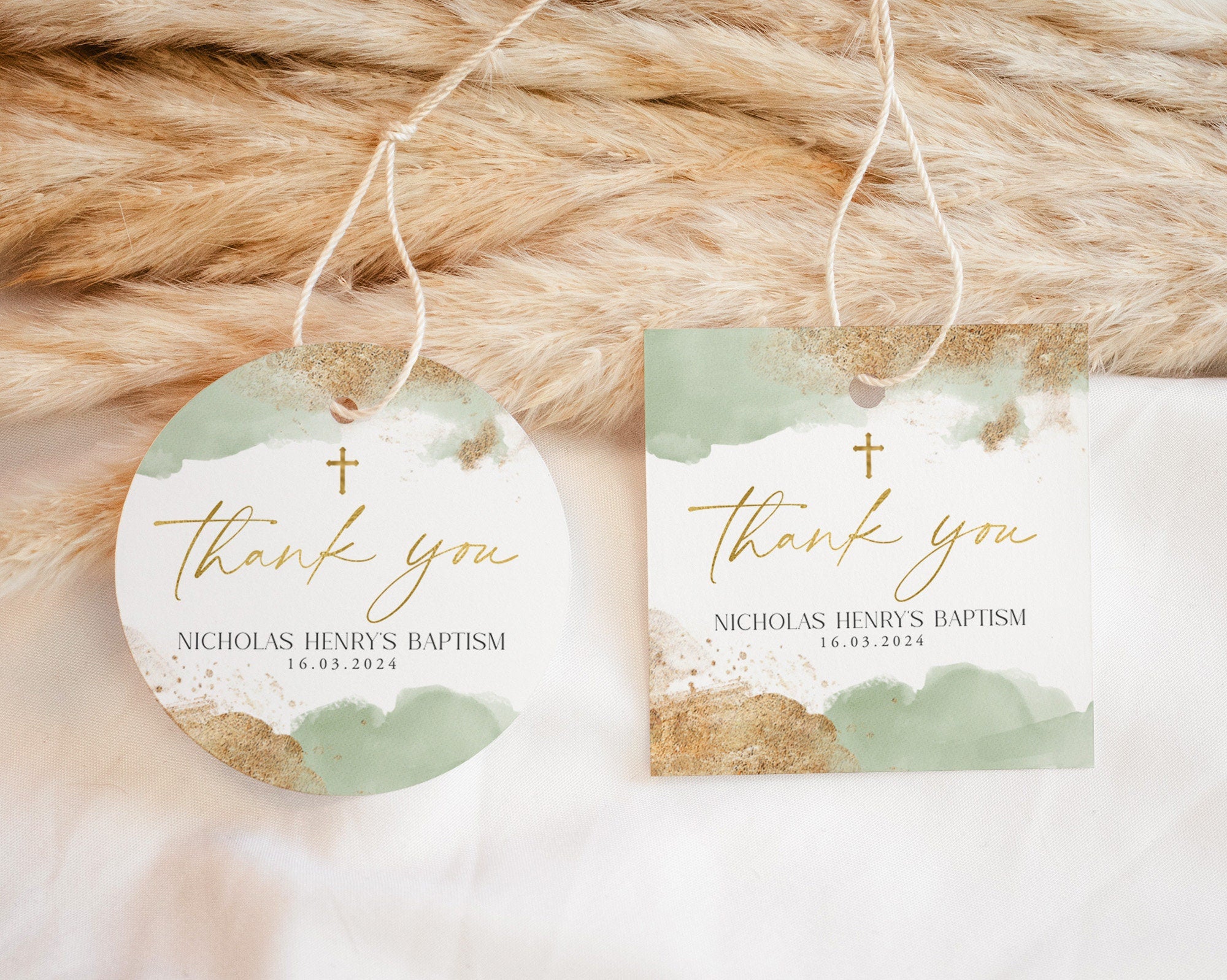 Baptism Favour Tags, Editable Tags, Christening Favor Tags, Sage and Gold Favour Tags, Thank You Tag, Baptism Gift Tags, Green Thank You Tag