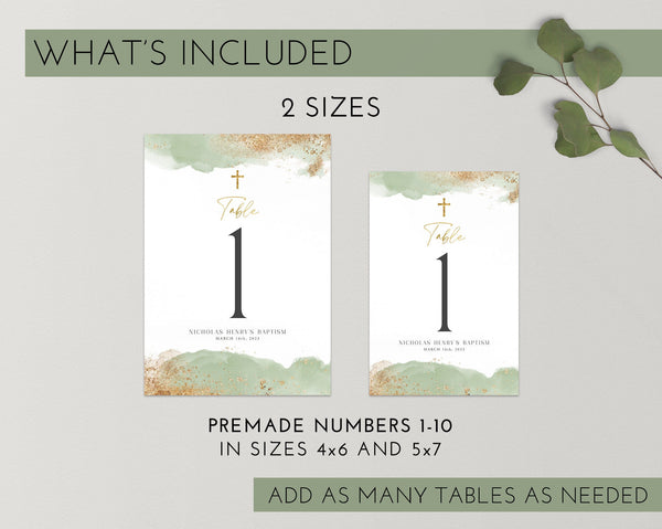 Table Numbers, Christening Table Numbers, Green Gold Table Numbers, Baptism Table Number Template, Printable Table Numbers, Editable Baptism