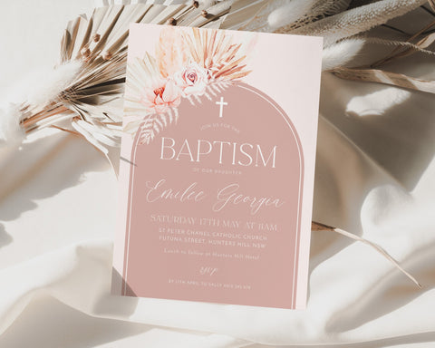 Girls Christening Invitation, Girls Baptism Invitation Template, Boho Pink Floral Arch Christening Invitation, Printable Baptismal Invite